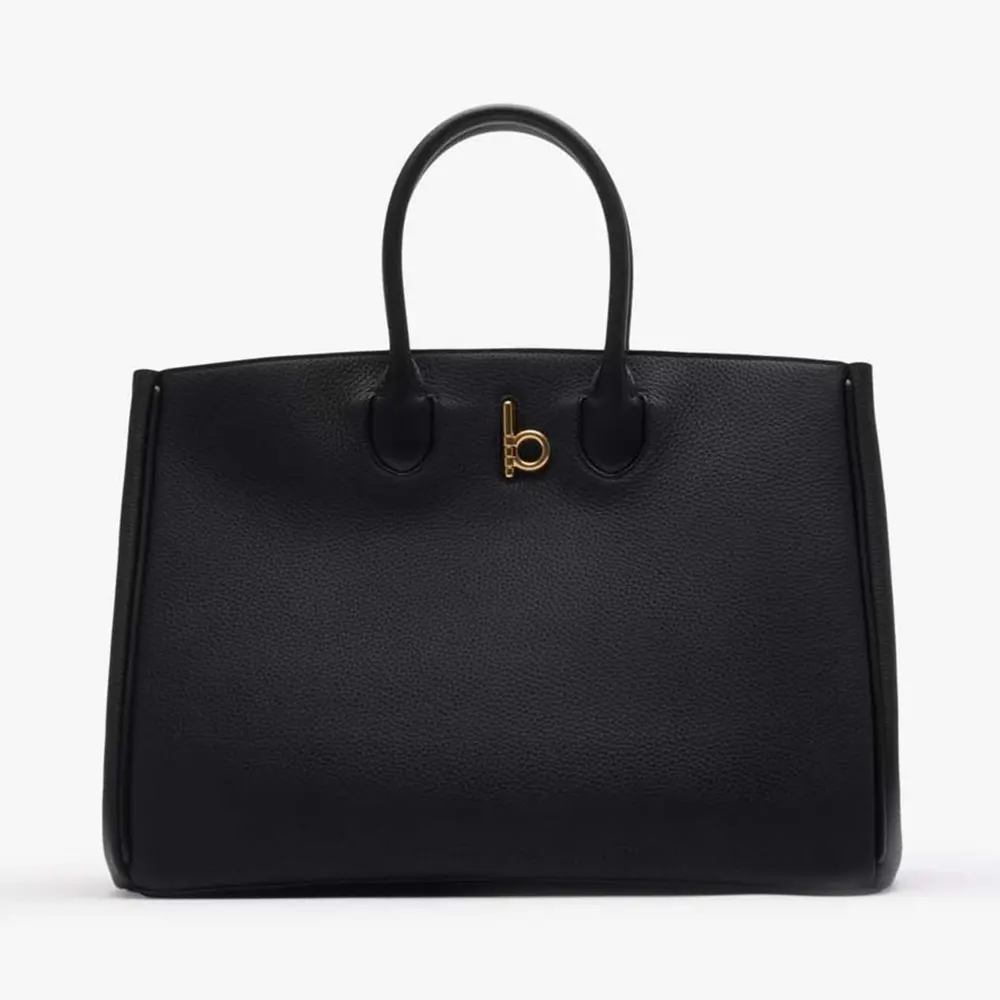 Front view of Burberry Women Medium Rocking Horse Tote-Black with embossed motif