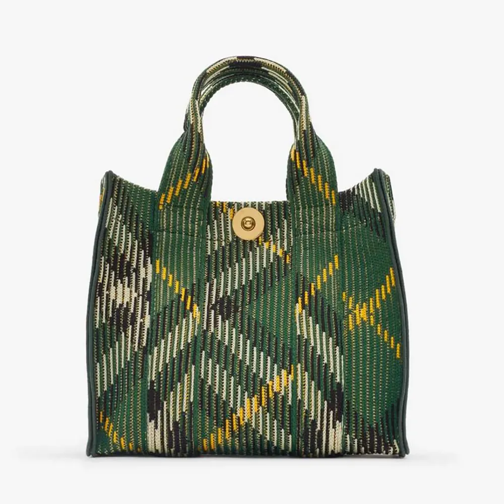 Front angle of Burberry Women Mini Check Knitted Tote-Green showing pattern