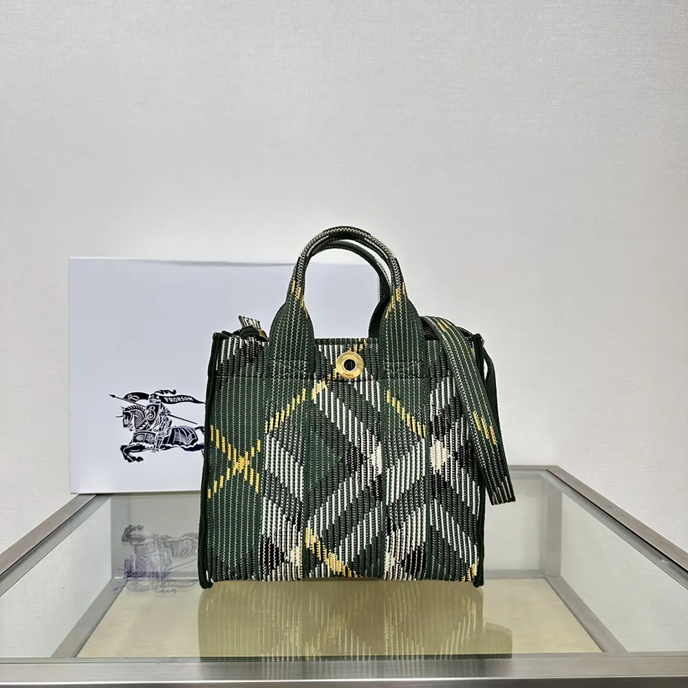 Side view highlighting zip closure on Burberry Women Mini Check Knitted Tote-Green