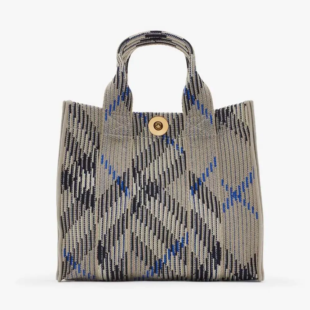Front view of Burberry Women Mini Check Knitted Tote-Grey with zipper closed