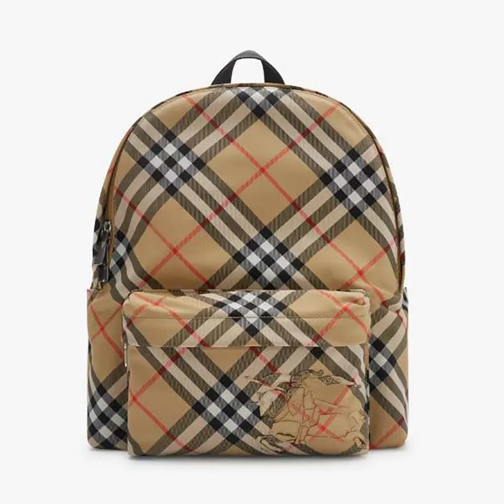 Front view of Burberry Women Small Check Backpack in brown