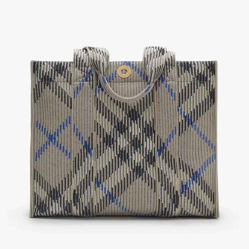 Front view of Burberry Women Small Check Knitted Tote in gray knit