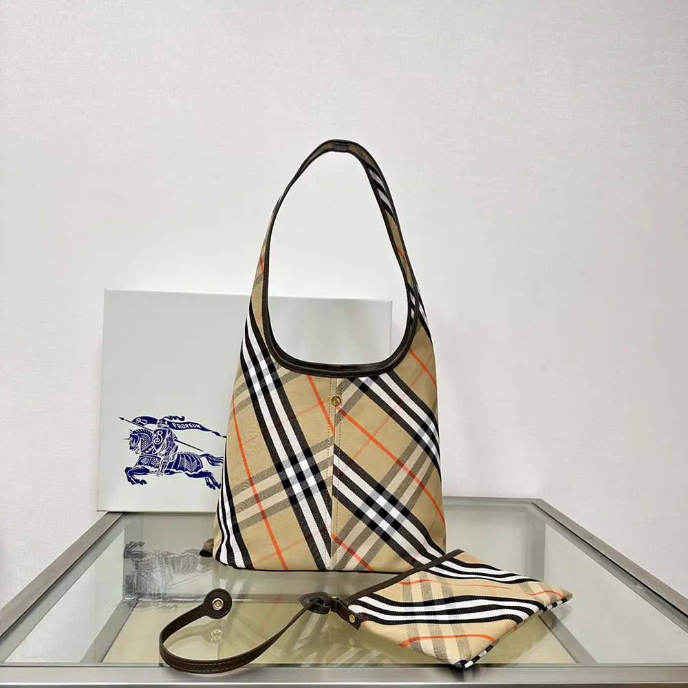 Close-up of Burberry Women Small Check Shoulder Bag gold hardware and signature check