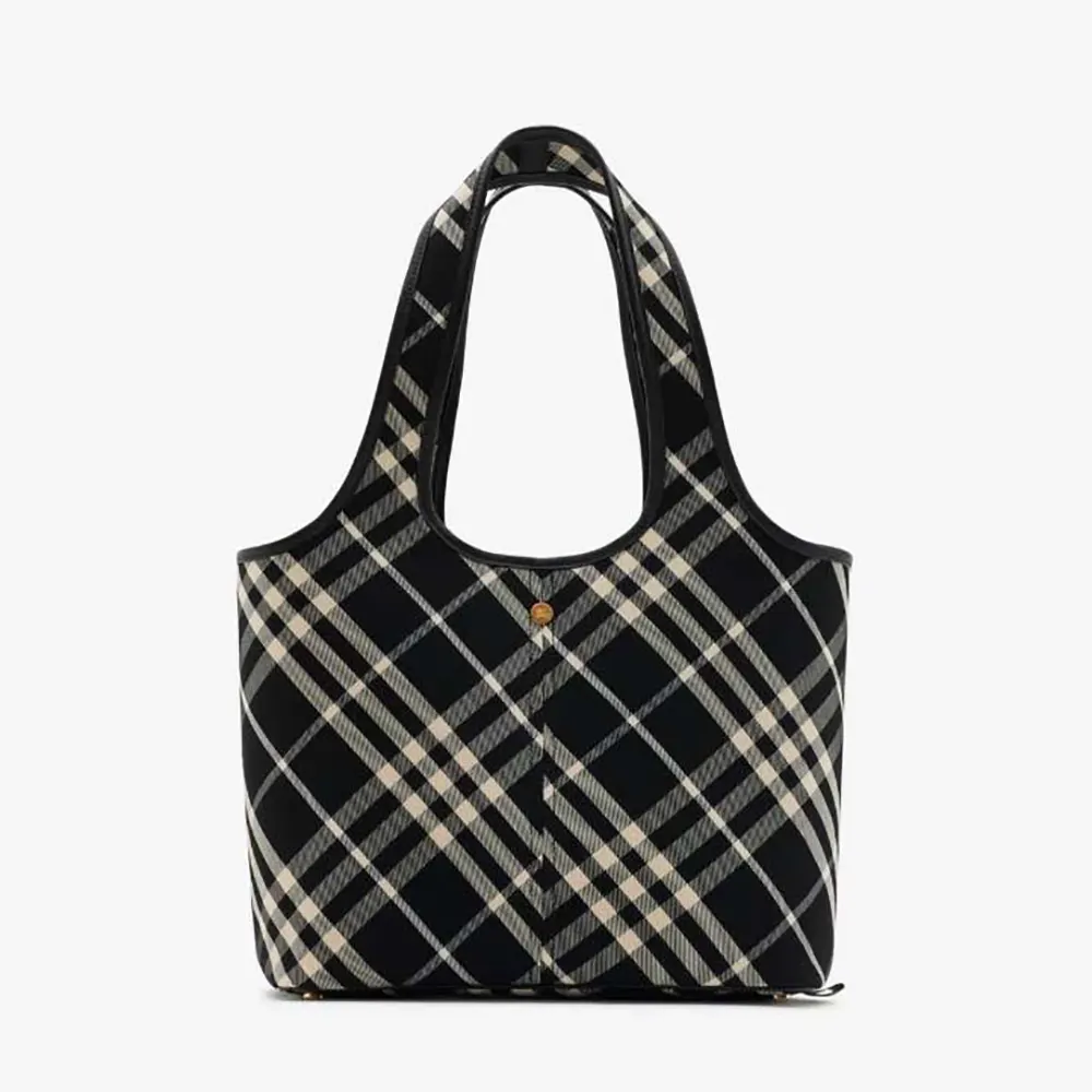 Front view of Burberry Women Small Check Tote in navy canvas
