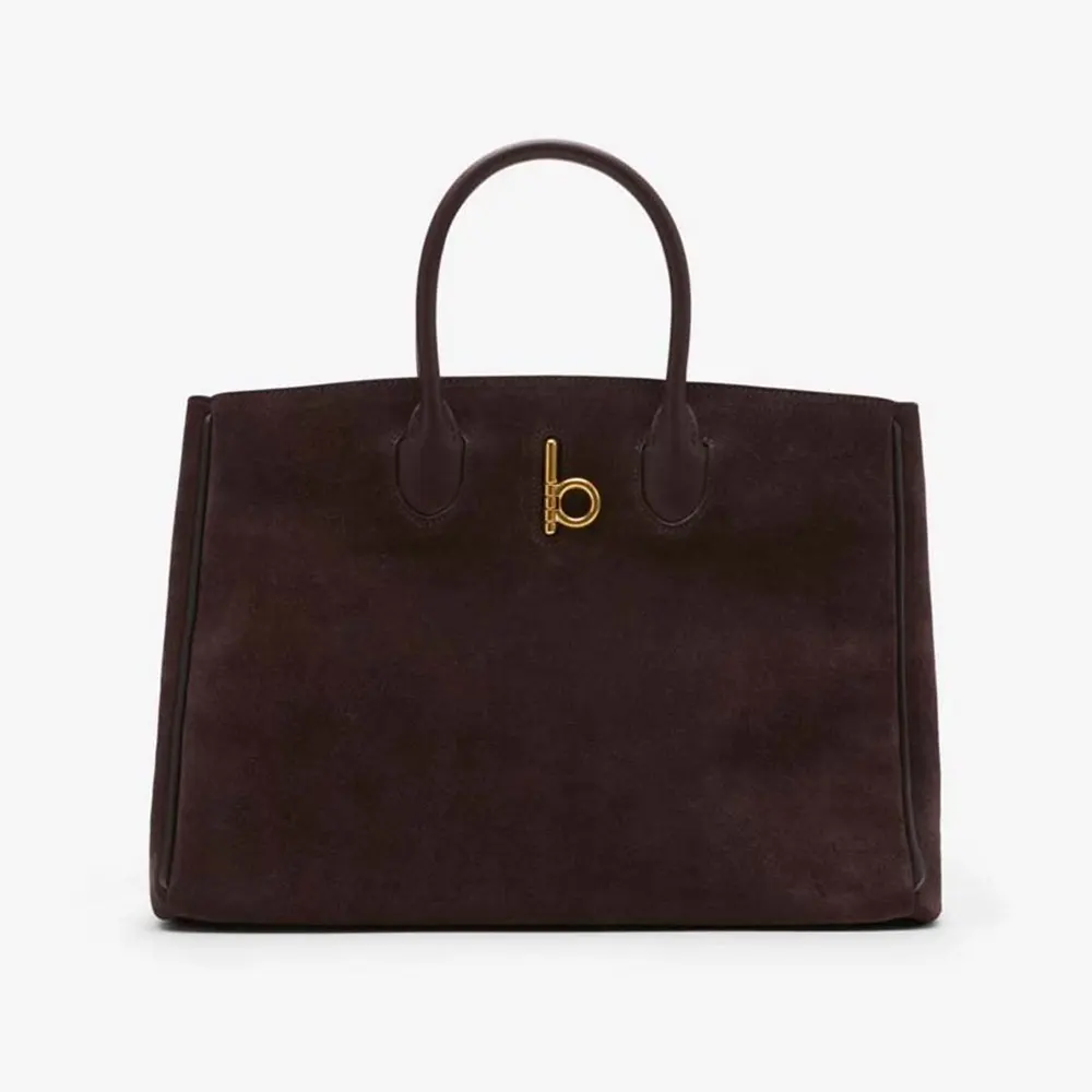 Front view of Burberry Women Small Rocking Horse Tote in Bordeaux leather
