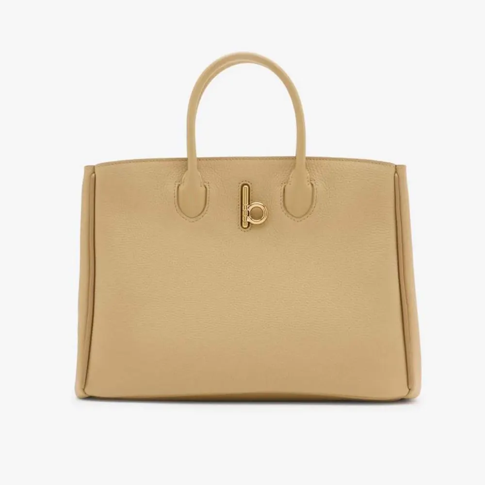 Front view of Burberry Women Small Rocking Horse Tote​-Sandy showcasing leather texture