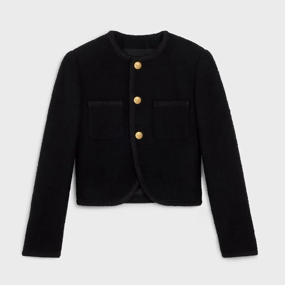 Front view of Celine Women Chasseur Jacket in Bboucle Tweed black