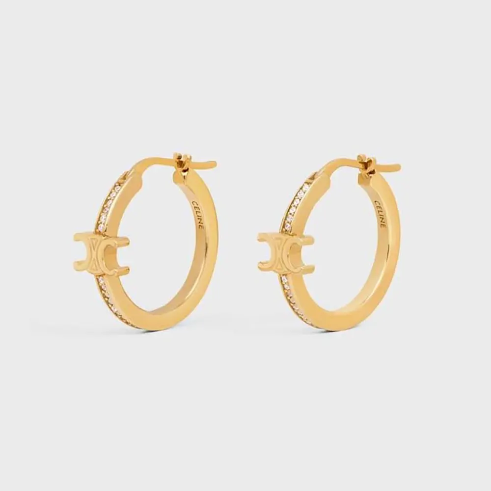 Front view of Celine Women Triomphe Sparkle Hoops in gold finish