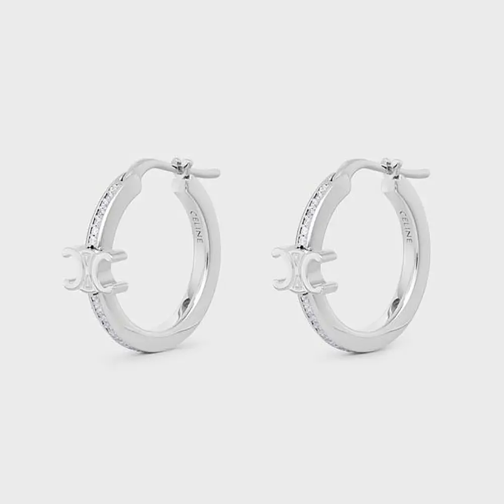 Front angle of Celine Women Triomphe Sparkle Hoops in silver