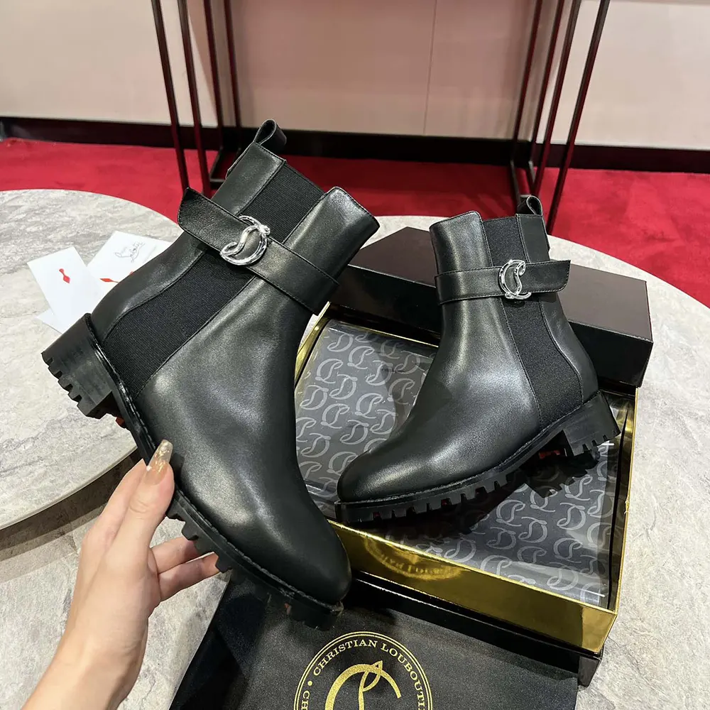Christian Louboutin Women CL Chelsea Booty Lug Low Boots Calf Leather-Black - image 4