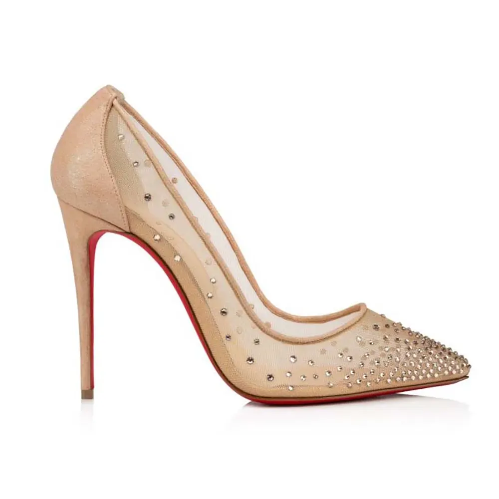 Side view of Christian Louboutin Women Follies Strass 100 mm Pumps beige suede