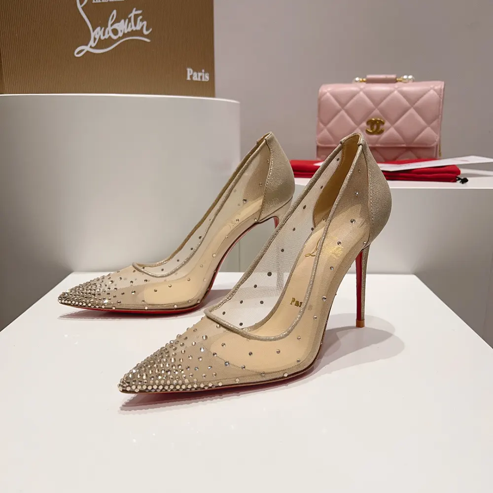 Christian Louboutin Women Follies Strass 100 mm Pumps Net Suede Calf and Strass-Beige - image 4