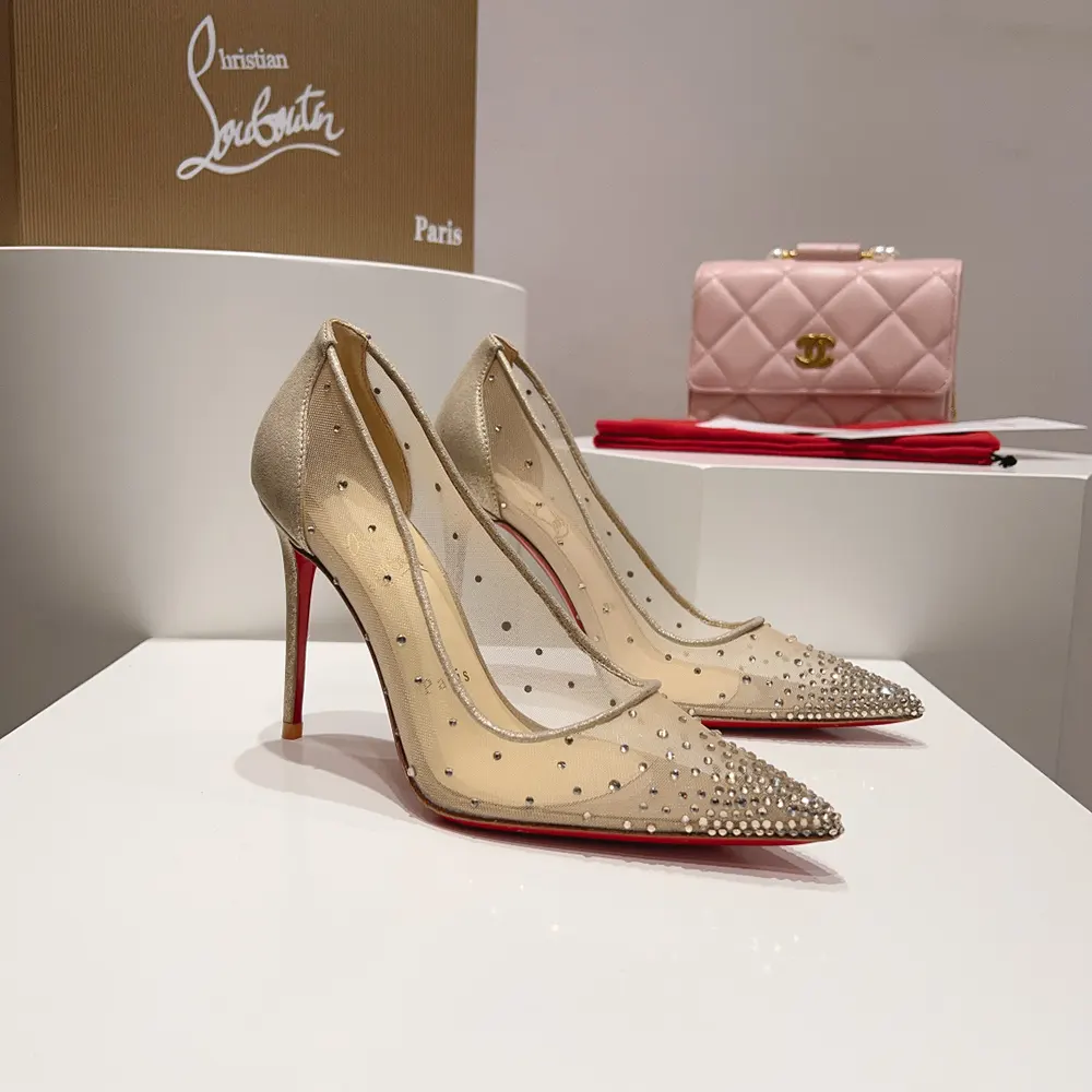 Christian Louboutin Women Follies Strass 100 mm Pumps Net Suede Calf and Strass-Beige - image 5