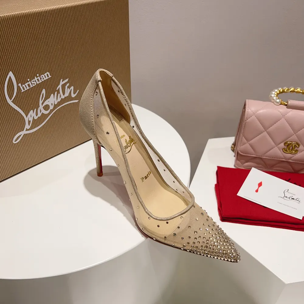 Christian Louboutin Women Follies Strass 100 mm Pumps Net Suede Calf and Strass-Beige - image 7