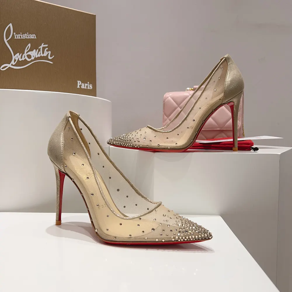 Christian Louboutin Women Follies Strass 100 mm Pumps Net Suede Calf and Strass-Beige - image 6