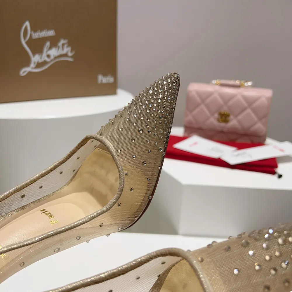 Christian Louboutin Women Follies Strass 100 mm Pumps Net Suede Calf and Strass-Beige - image 9