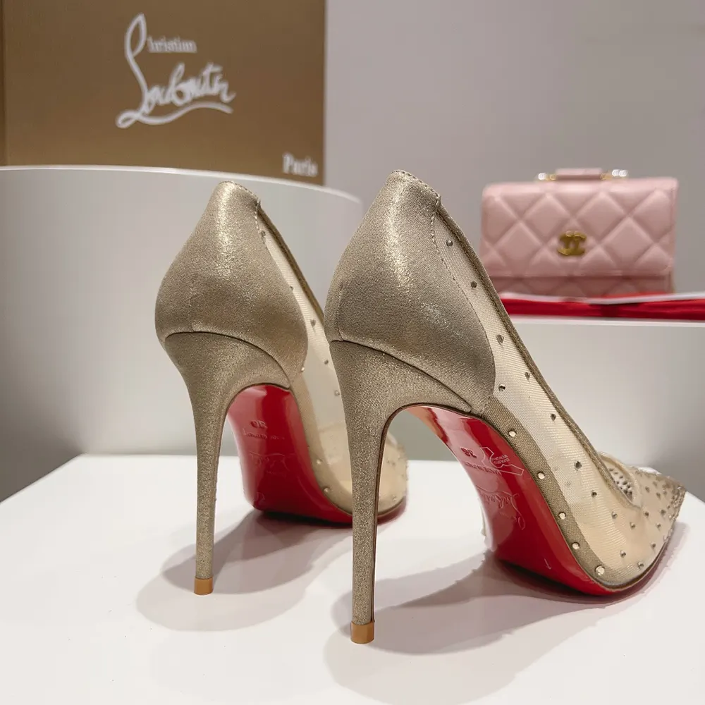 Christian Louboutin Women Follies Strass 100 mm Pumps Net Suede Calf and Strass-Beige - image 8