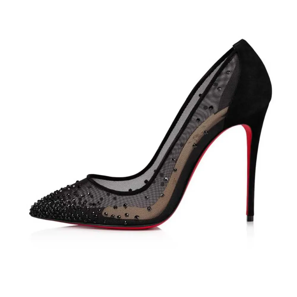 Side view of Christian Louboutin Women Follies Strass 100 mm Pumps Suede Calf-Black