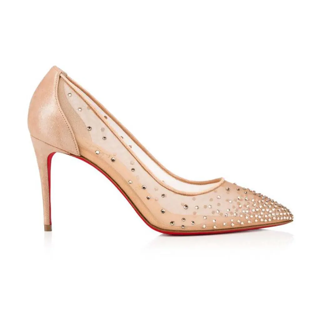 Side angle of Christian Louboutin Women Follies Strass 85 mm Pumps beige