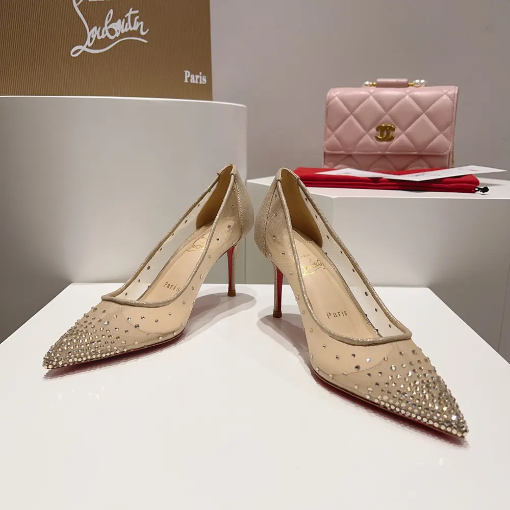 Christian Louboutin Women Follies Strass 85 mm Pumps Mesh and Suede-Beige - image 4