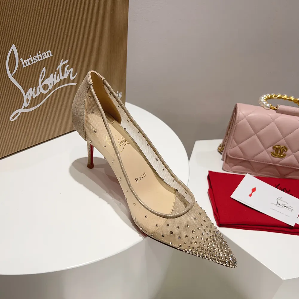 Christian Louboutin Women Follies Strass 85 mm Pumps Mesh and Suede-Beige - image 9