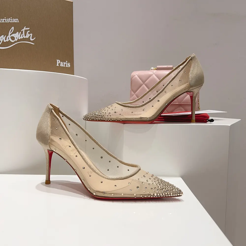 Christian Louboutin Women Follies Strass 85 mm Pumps Mesh and Suede-Beige - image 6