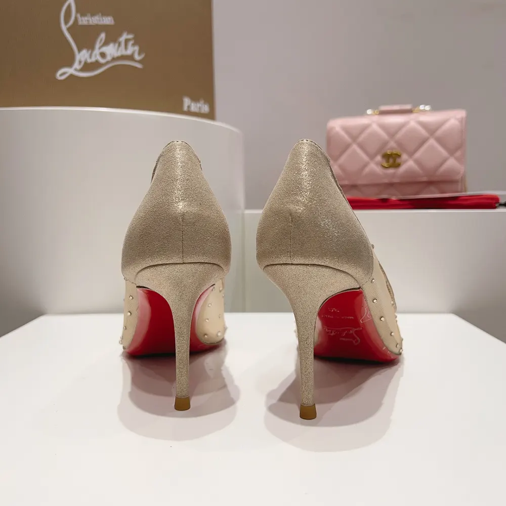 Christian Louboutin Women Follies Strass 85 mm Pumps Mesh and Suede-Beige - image 7