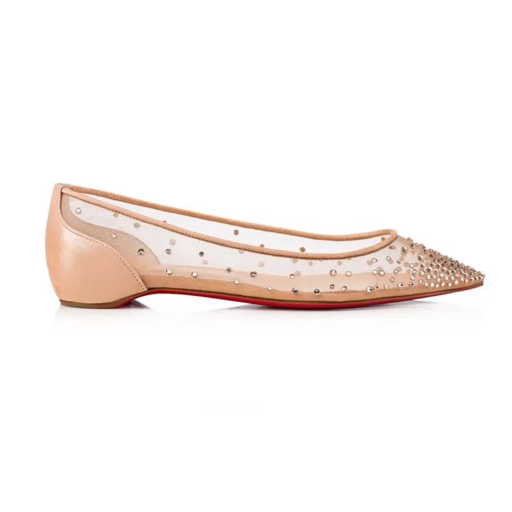 Christian Louboutin Women Follies Strass Ballerinas side view beige mesh and suede