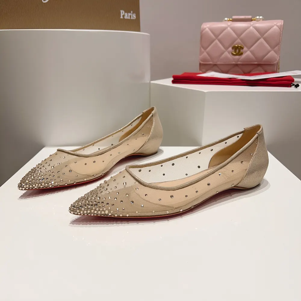 Christian Louboutin Women Follies Strass Ballerinas Mesh and Suede-Beige - image 4