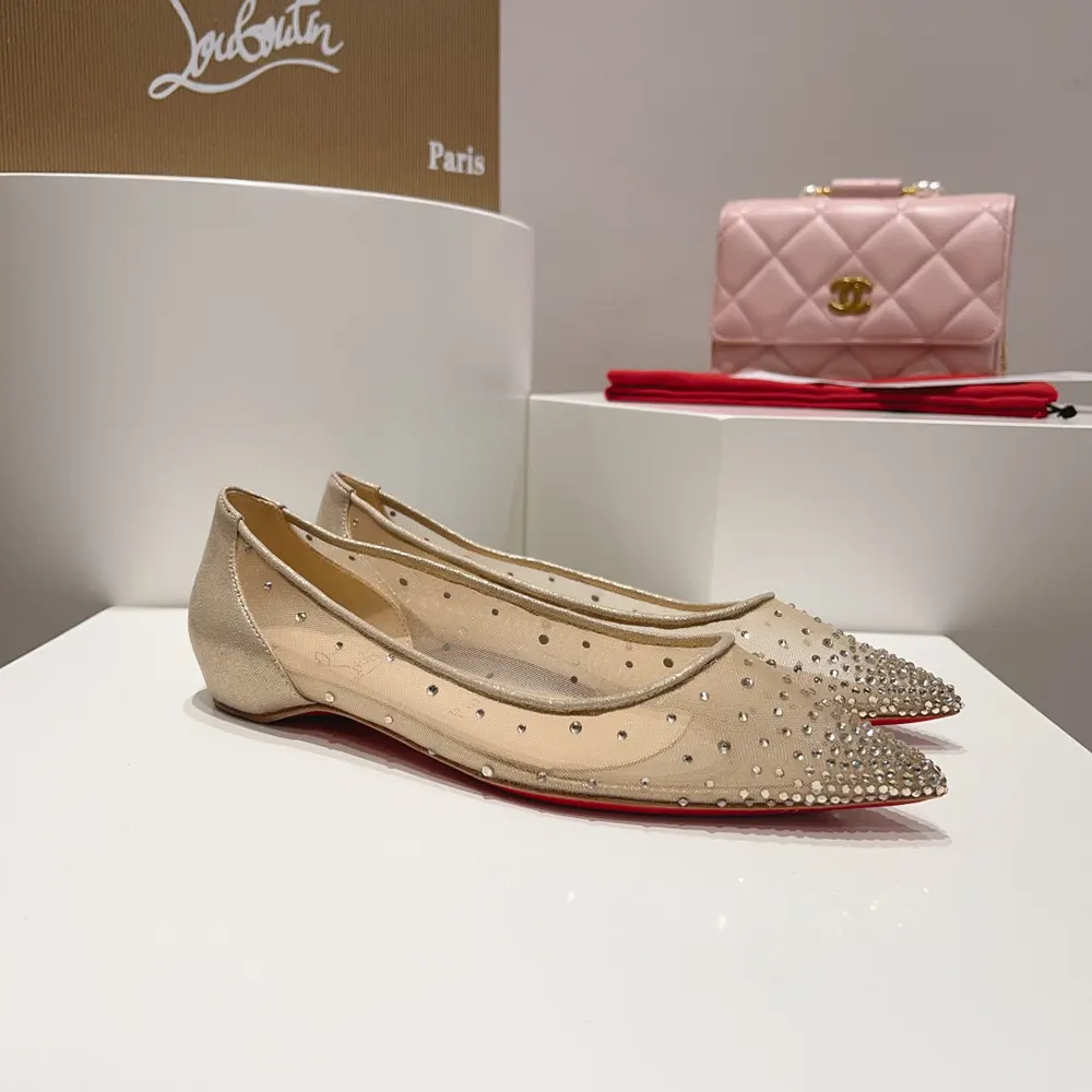 Top view showing slip-on silhouette of Christian Louboutin Women Follies Strass Ballerinas
