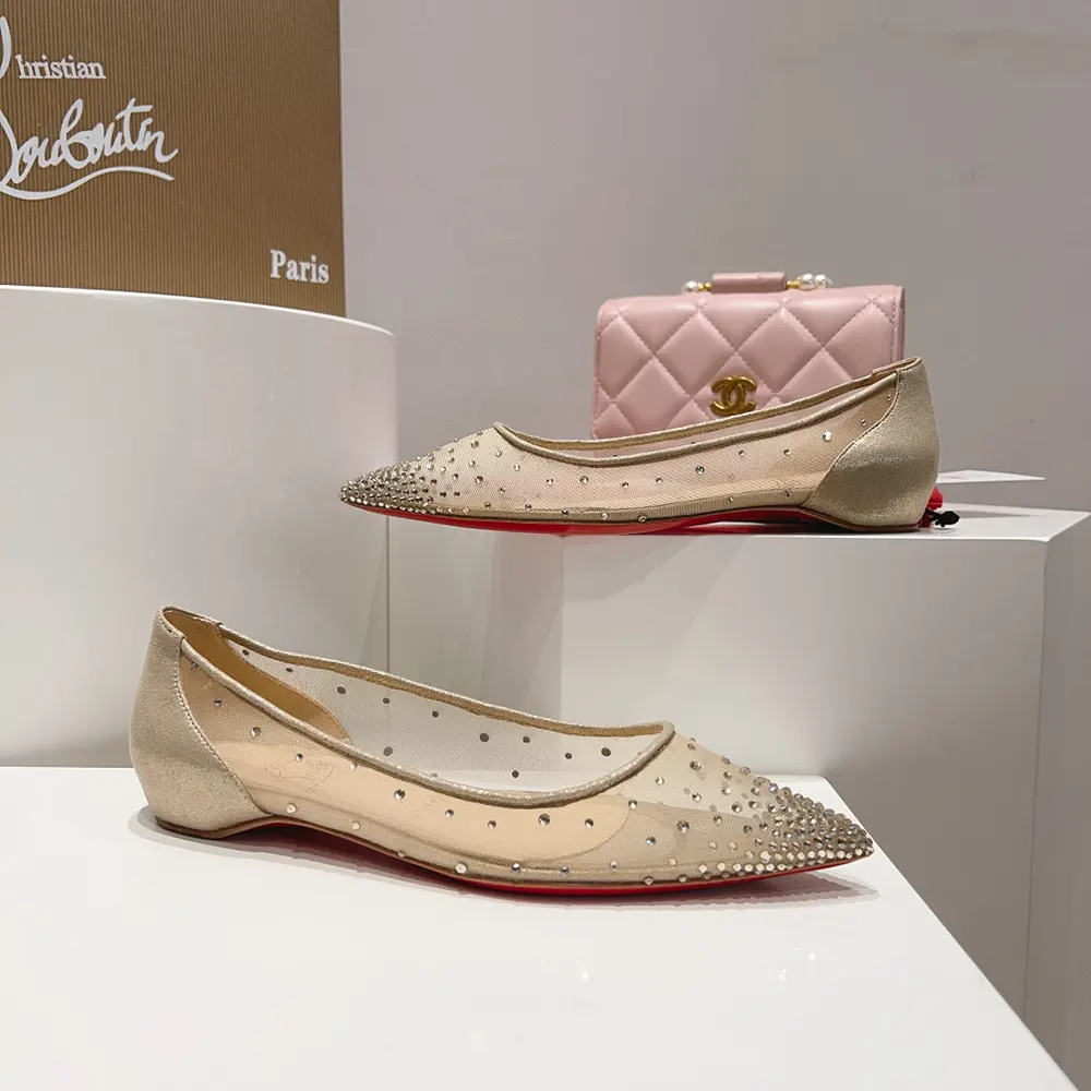 Christian Louboutin Women Follies Strass Ballerinas Mesh and Suede-Beige - image 5