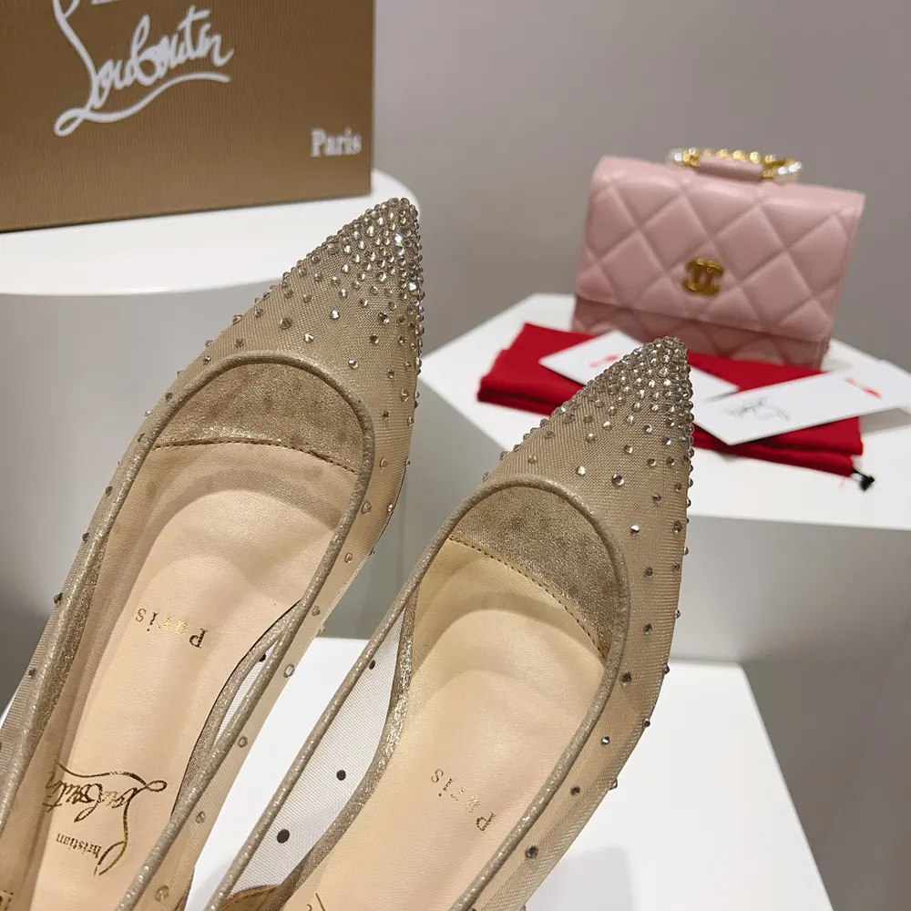 Christian Louboutin Women Follies Strass Ballerinas Mesh and Suede-Beige - image 9