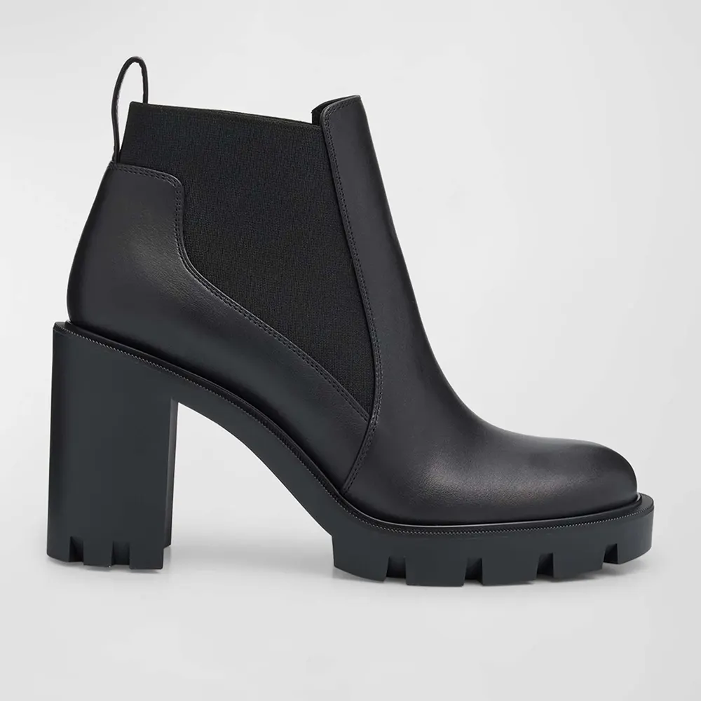 Side profile of Christian Louboutin Women Marchacroche Leather Red Sole Chelsea Booties