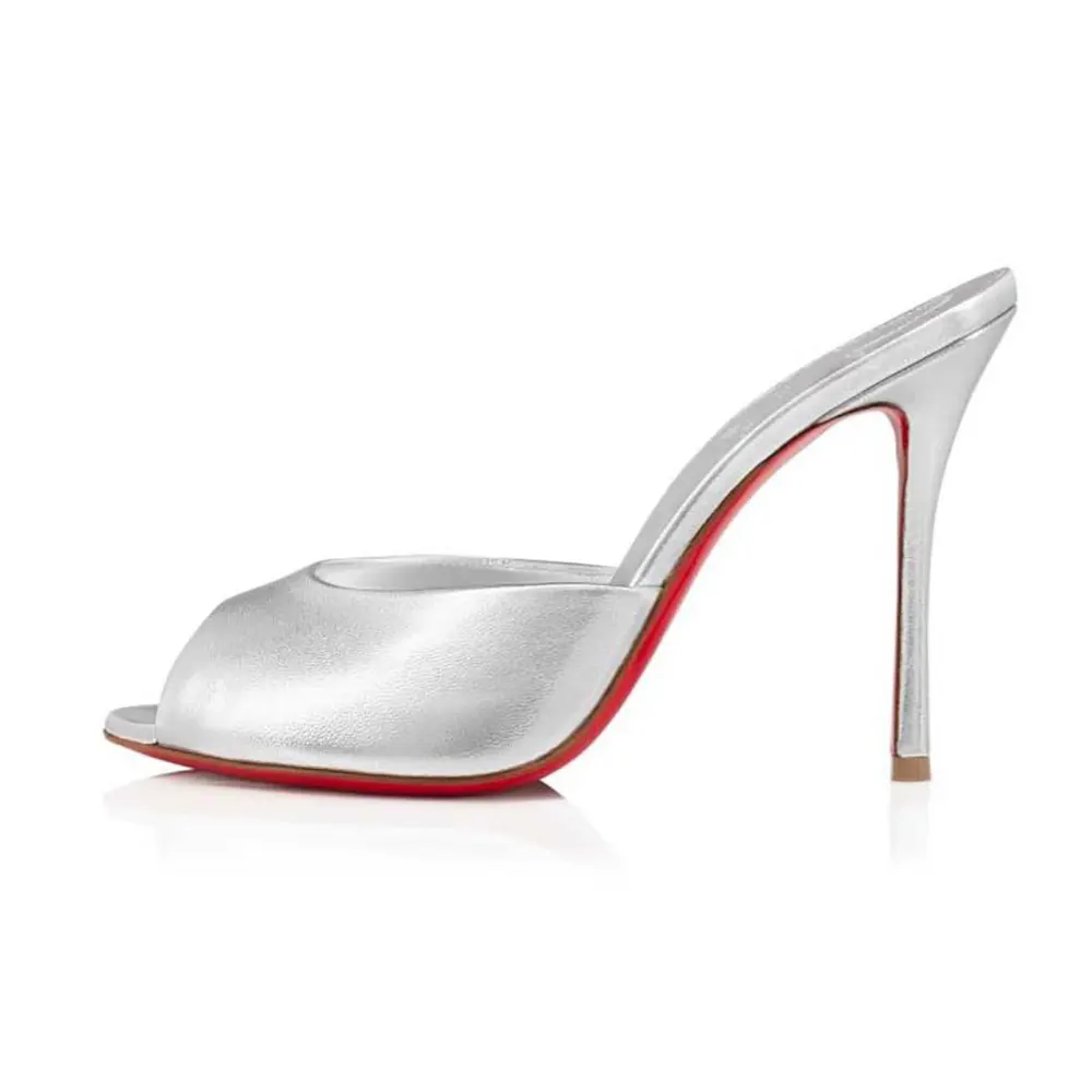 Side view of Christian Louboutin Women Me Dolly 100 mm Mules Silver