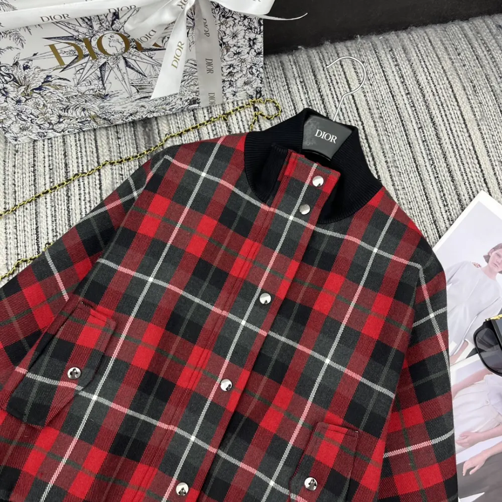 Dior Women Cannage Bomber Jacket with Vest Red, Gray and Black Check’n’Dior Virgin Wool - image 4