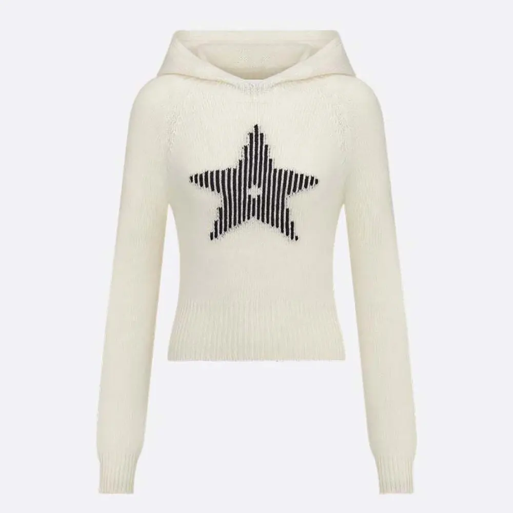 Front view of Dior Women DiorAlps Hooded Sweater in white wool cashmere knit
