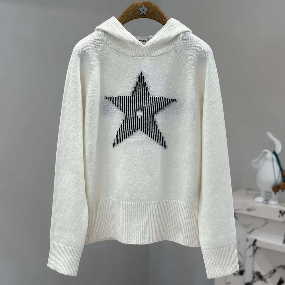 Close-up of navy blue Dior star motif on DiorAlps Hooded Sweater white sweater
