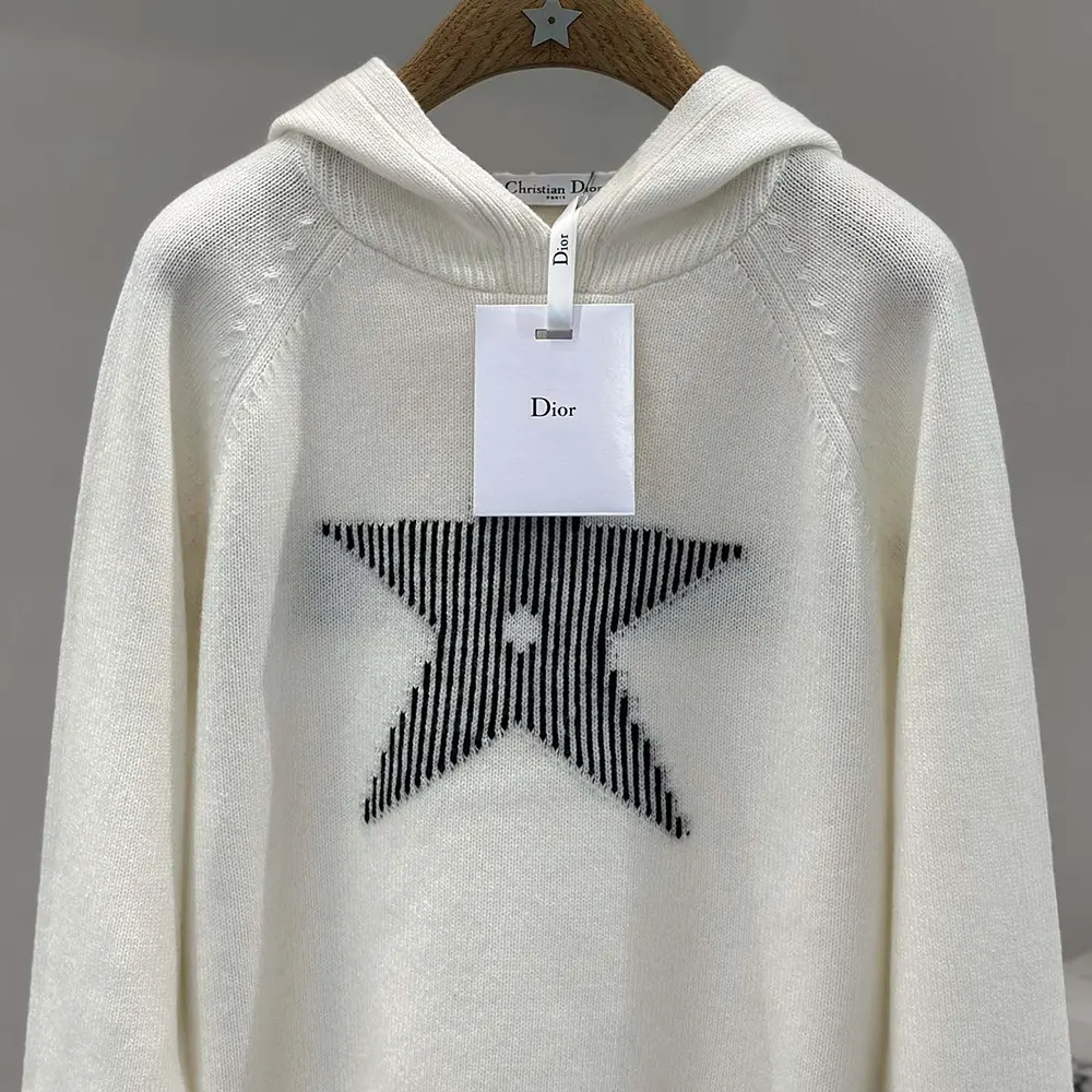 Dior Women DiorAlps Hooded Sweater White Wool and Cashmere Knit with Navy Blue Dior Star Motif - image 4