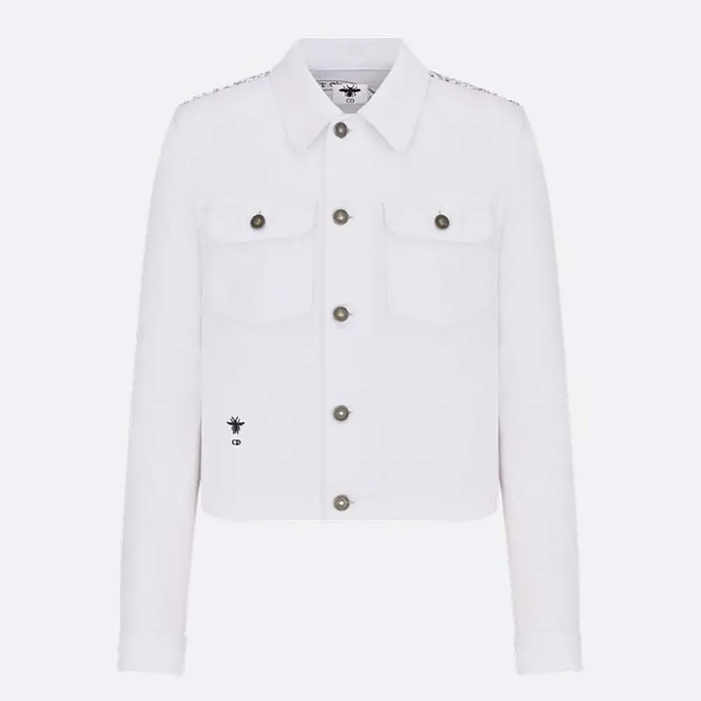 Front view of Dior Women Jacket White Cotton Denim with gold motif