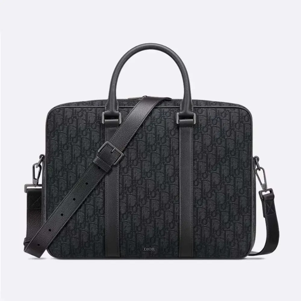 Front view of Dior Men Zipped Briefcase Black Dior Oblique Jacquard
