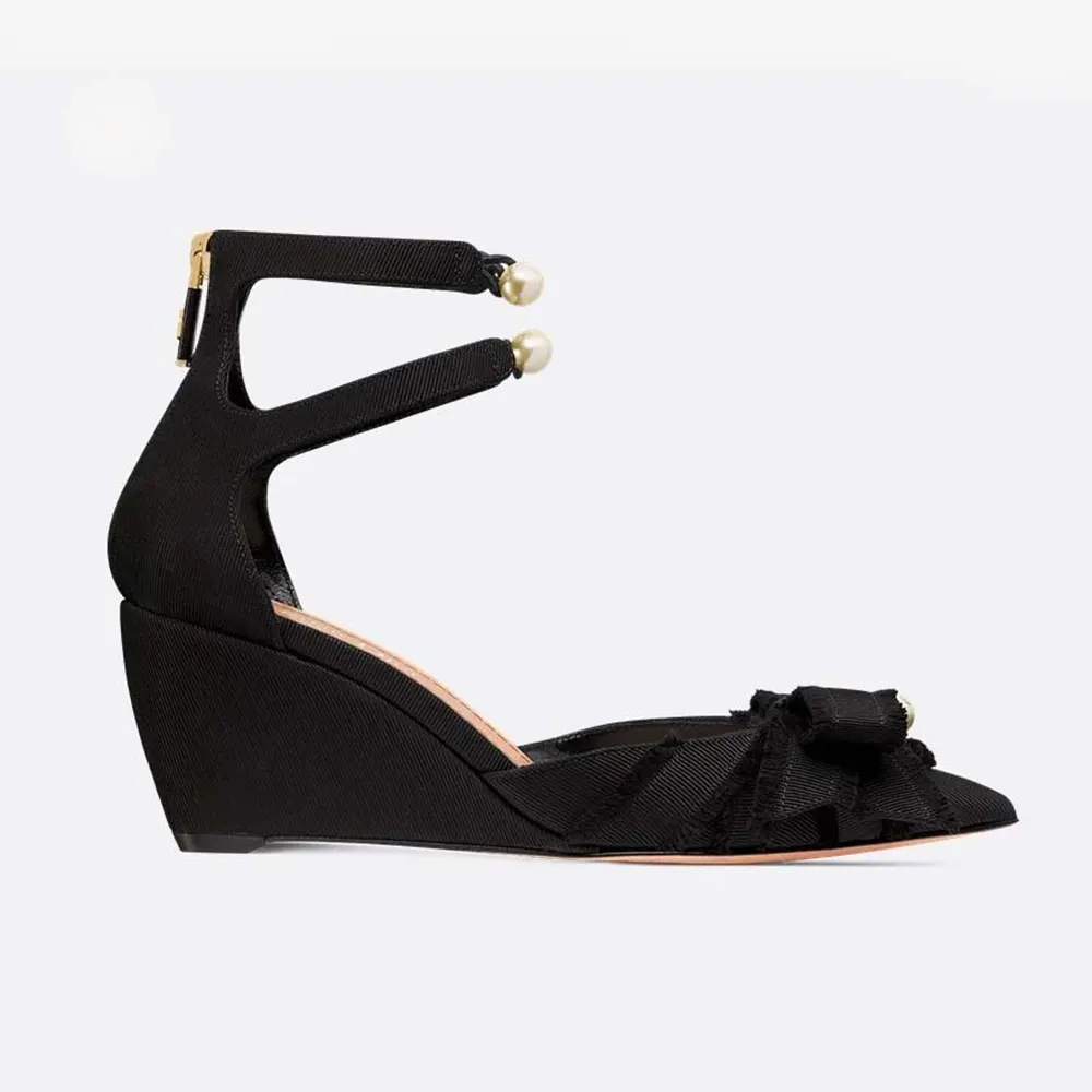 Side view of Dior Women Adiorable Wedge Pump Black Fringed Grosgrain