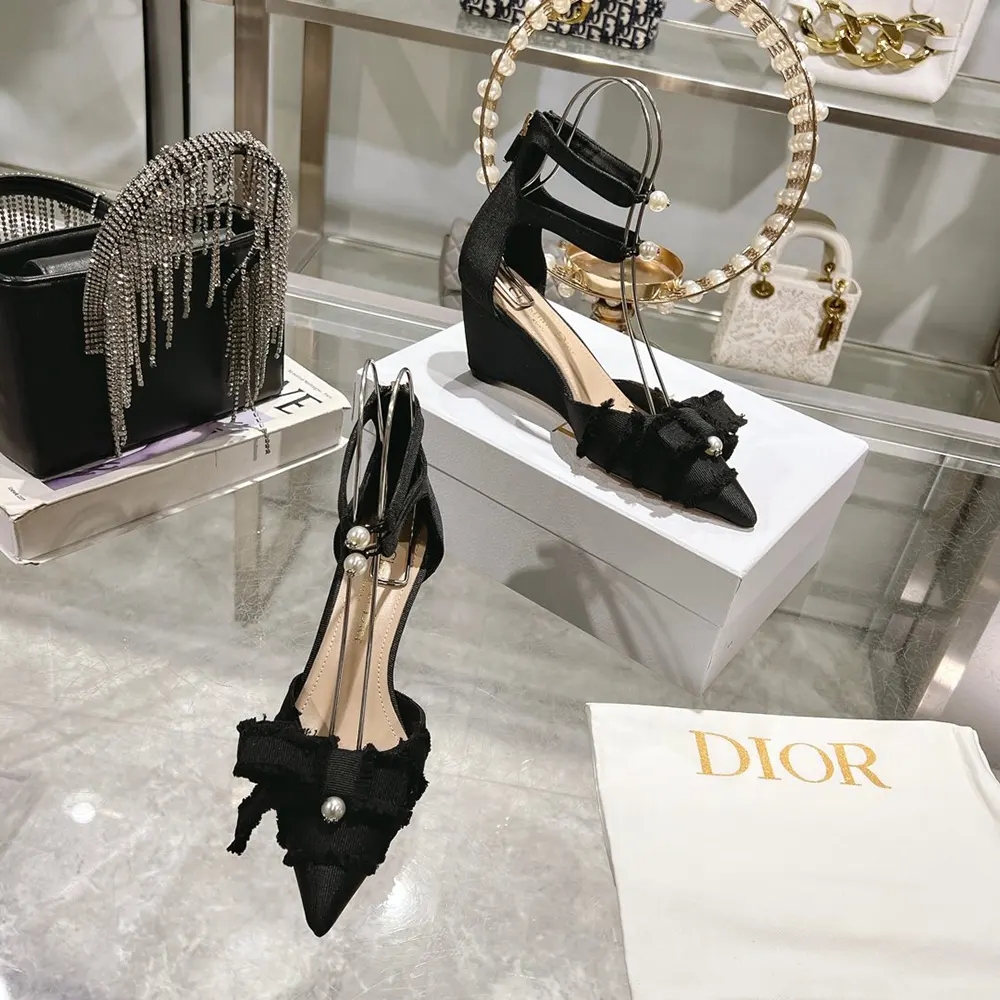 Top view showing black grosgrain texture on Dior Women Adiorable Wedge Pump