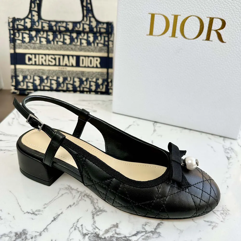 Rear angle showing adjustable slingback strap of Dior Women Ballet Slingback Pump