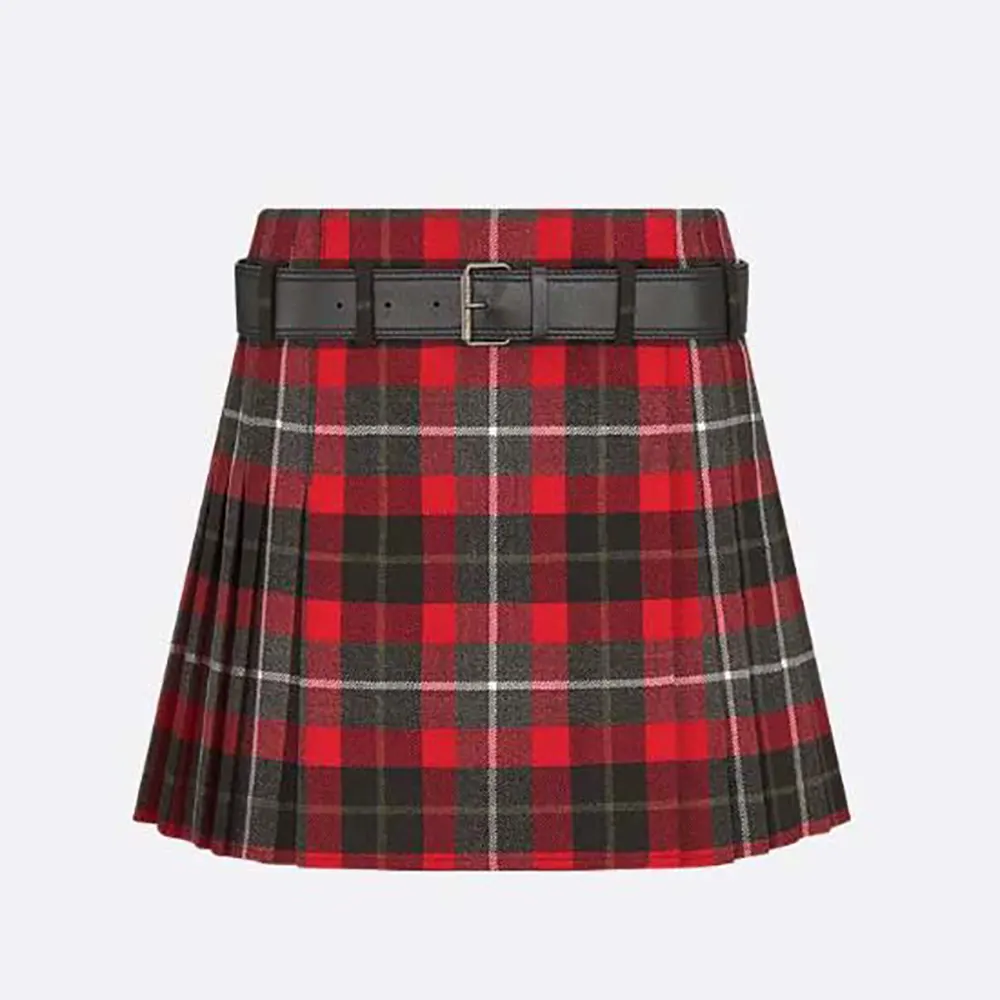 Front view of Dior Women Belted Short Kilt Red Gray and Black Check’n’Dior Virgin Wool