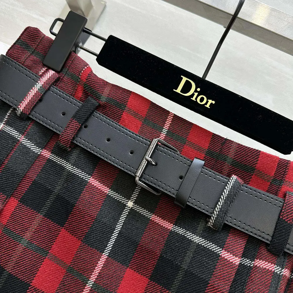 Dior Women Belted Short Kilt Red Gray and Black Check’n’Dior Virgin Wool - image 5