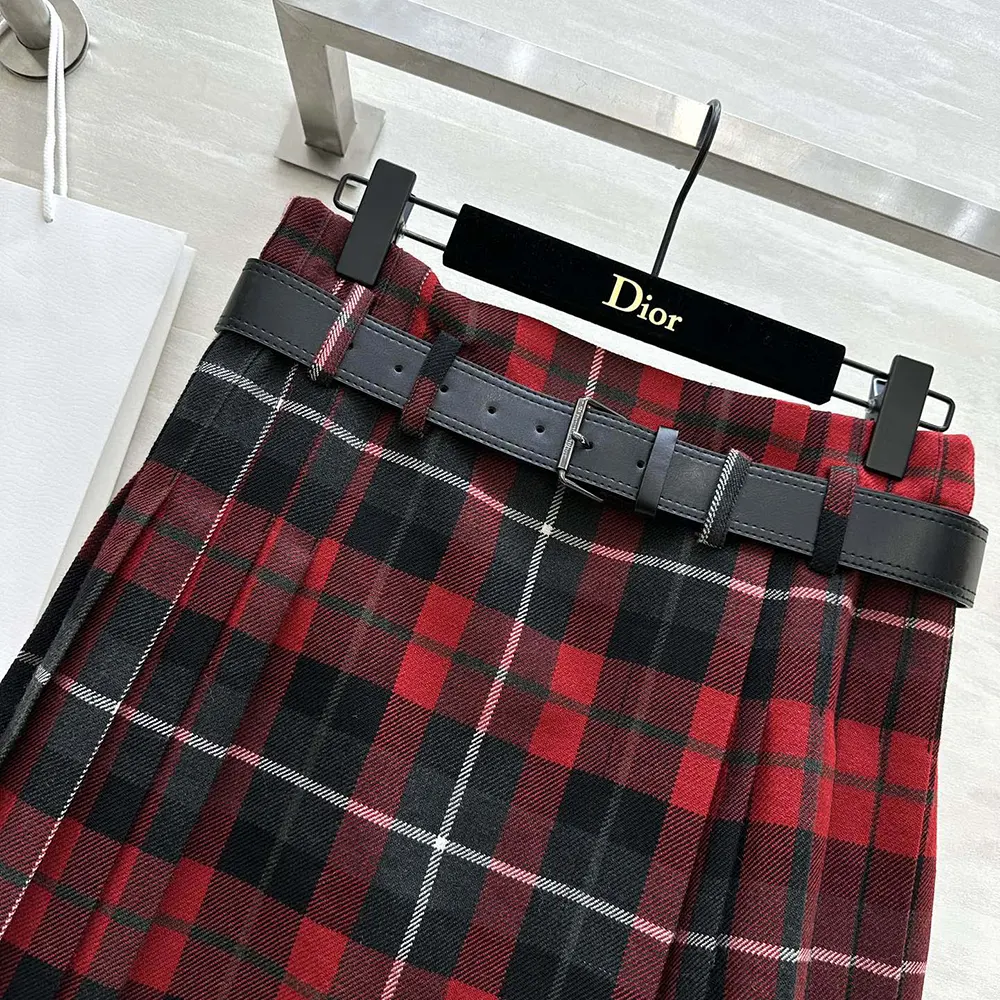 Dior Women Belted Short Kilt Red Gray and Black Check’n’Dior Virgin Wool - image 4