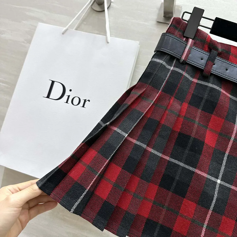 Dior Women Belted Short Kilt Red Gray and Black Check’n’Dior Virgin Wool - image 9