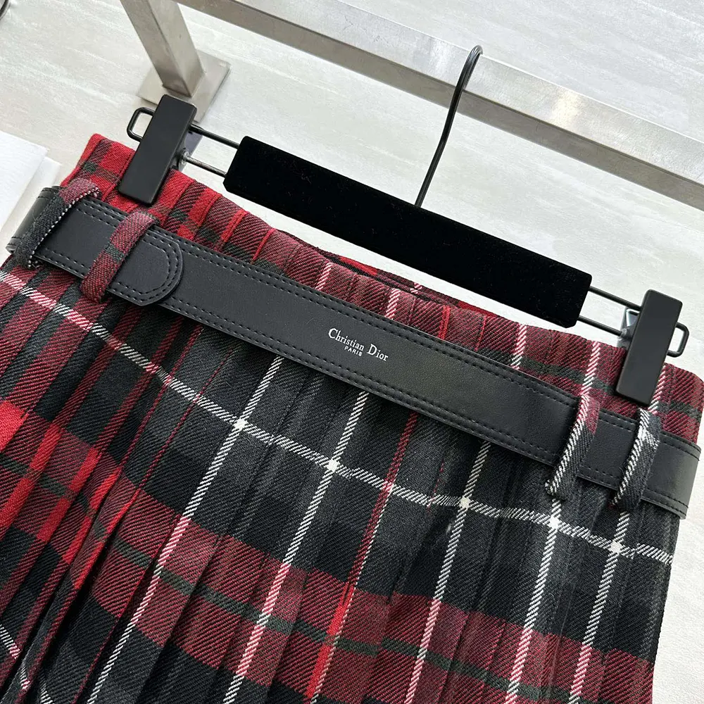 Dior Women Belted Short Kilt Red Gray and Black Check’n’Dior Virgin Wool - image 8