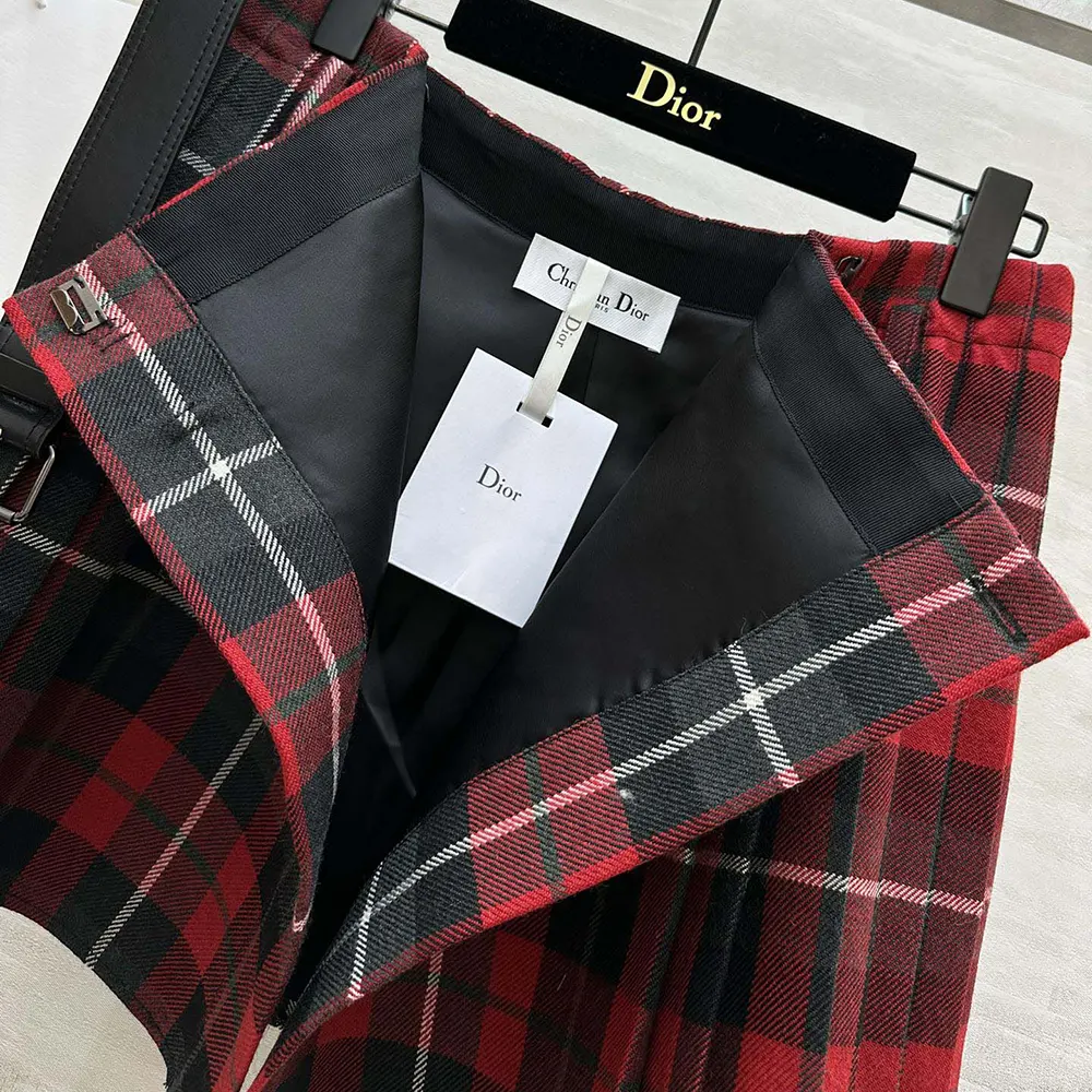 Dior Women Belted Short Kilt Red Gray and Black Check’n’Dior Virgin Wool - image 10