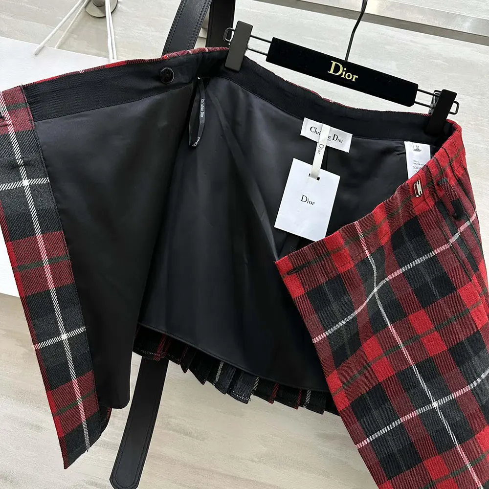 Dior Women Belted Short Kilt Red Gray and Black Check’n’Dior Virgin Wool - image 7